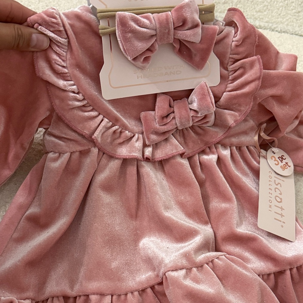 Biscotti Blush Velvet Baby Dress with Bow Accents - Picture 2 of 2